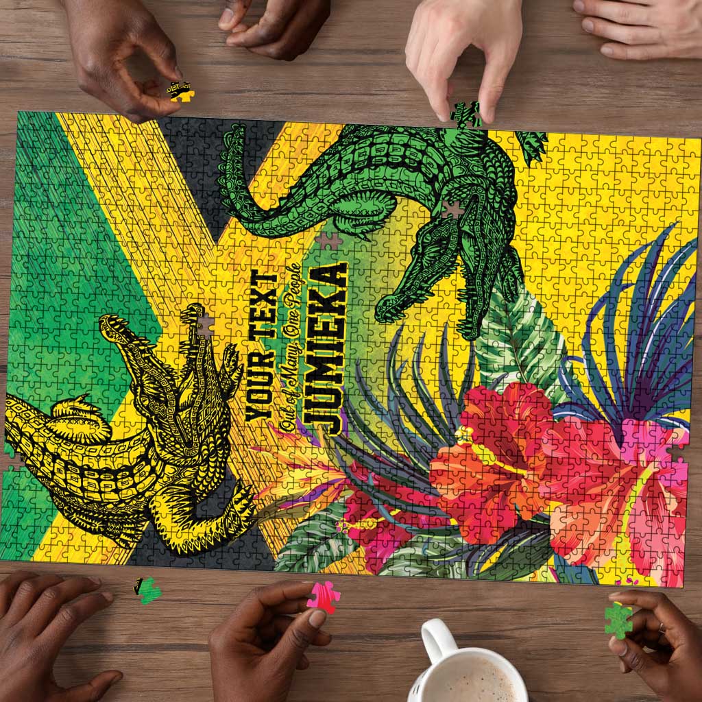 Personalized Black Jamaicans Crocodile Puzzle Tropical Flowers Grunge Flag