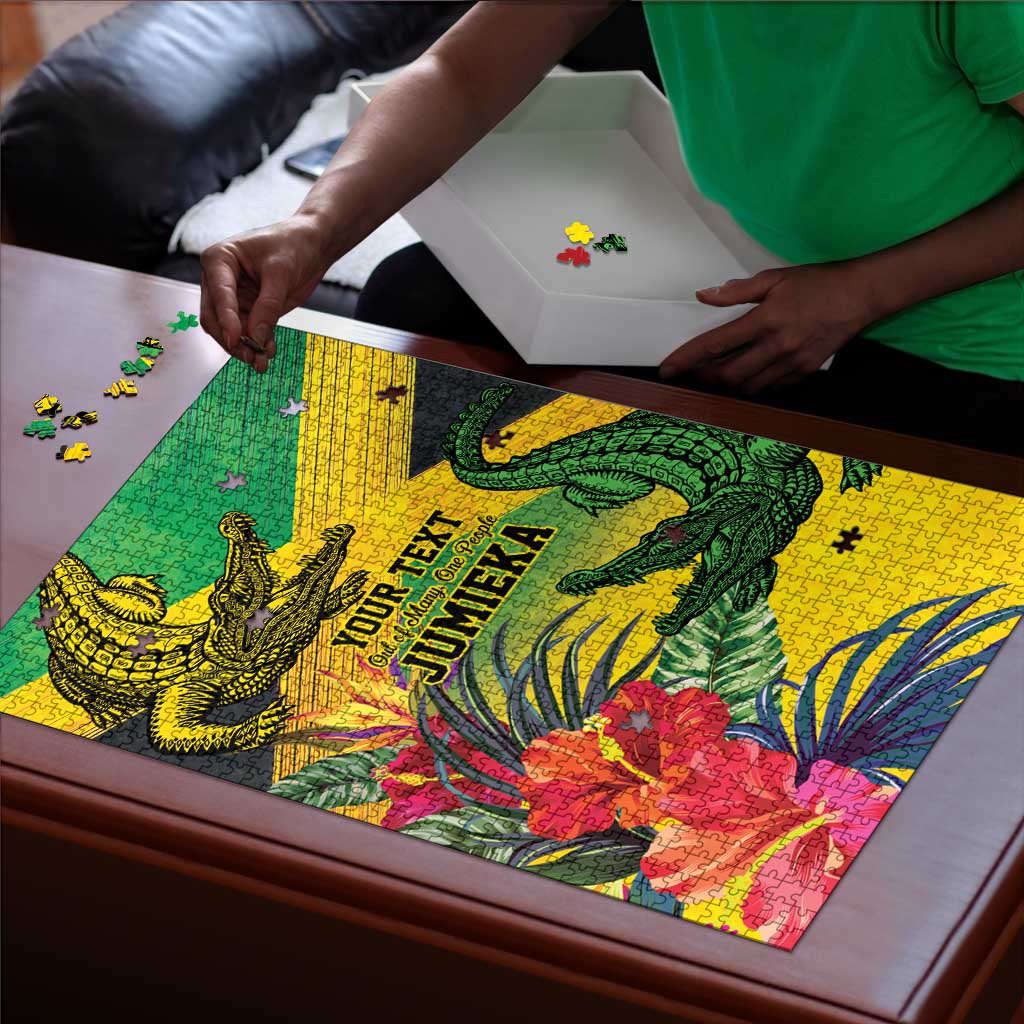 Personalized Black Jamaicans Crocodile Puzzle Tropical Flowers Grunge Flag