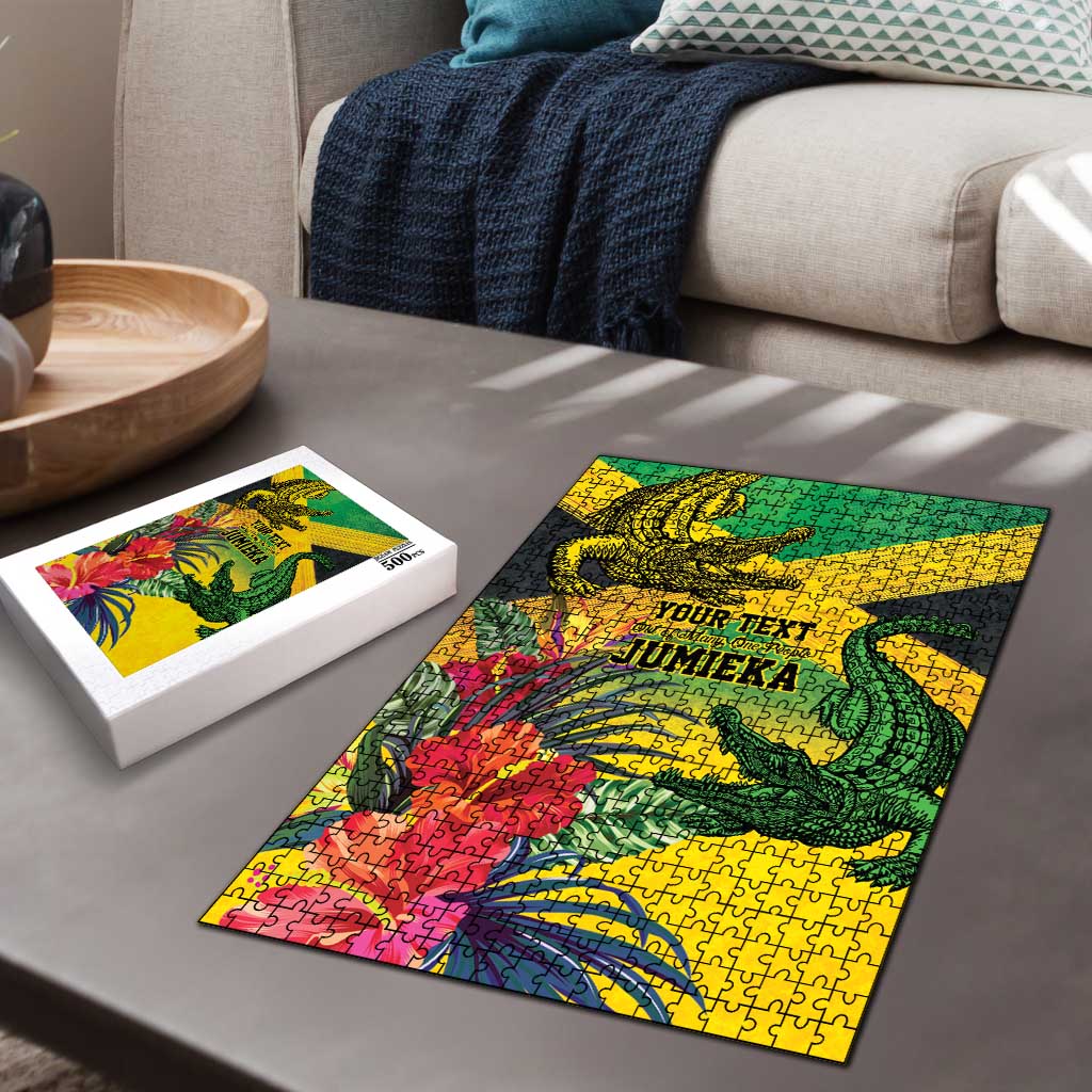 Personalized Black Jamaicans Crocodile Puzzle Tropical Flowers Grunge Flag