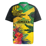 Personalized Black Jamaicans Crocodile Rugby Jersey Tropical Flowers Grunge Flag - African Pride
