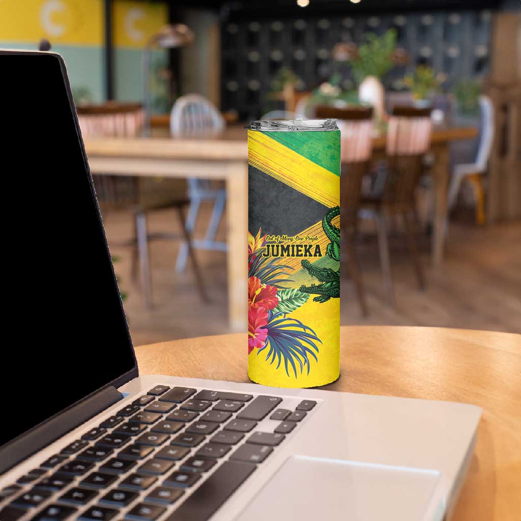 Personalized Black Jamaicans Crocodile Skinny Tumbler Tropical Flowers Grunge Flag - African Pride