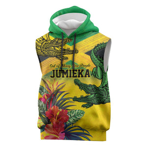 Personalized Black Jamaicans Crocodile Sleeveless Hoodie Tropical Flowers Grunge Flag - African Pride