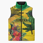 Personalized Black Jamaicans Crocodile Sleeveless Puffer Jacket Tropical Flowers Grunge Flag