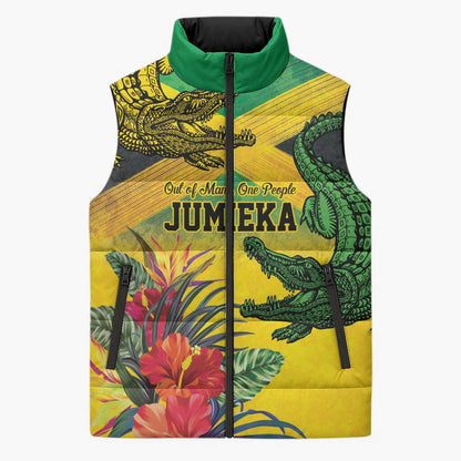 Personalized Black Jamaicans Crocodile Sleeveless Puffer Jacket Tropical Flowers Grunge Flag