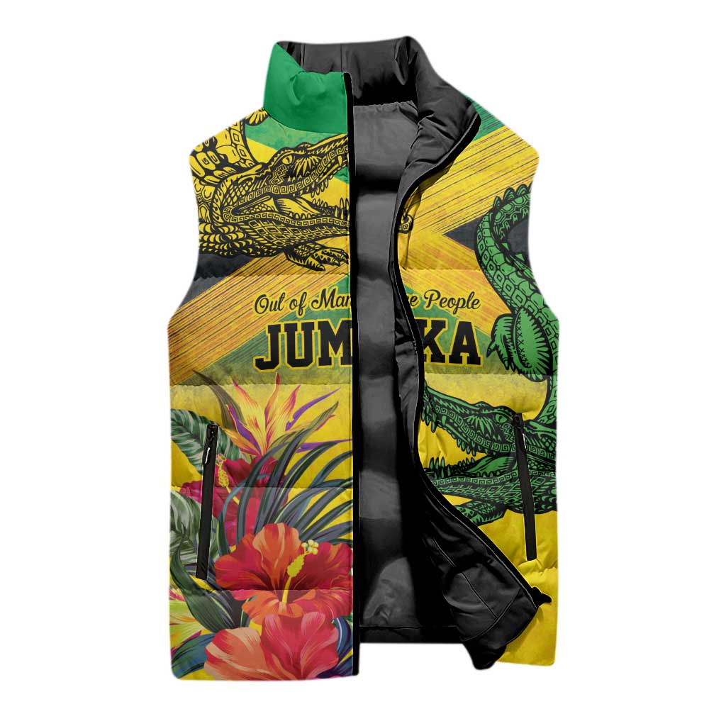 Personalized Black Jamaicans Crocodile Sleeveless Puffer Jacket Tropical Flowers Grunge Flag