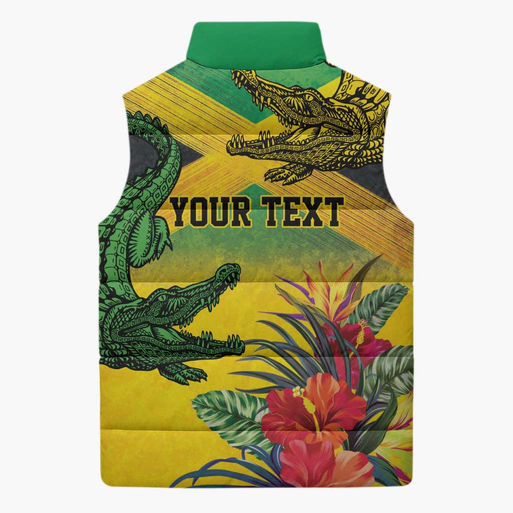 Personalized Black Jamaicans Crocodile Sleeveless Puffer Jacket Tropical Flowers Grunge Flag