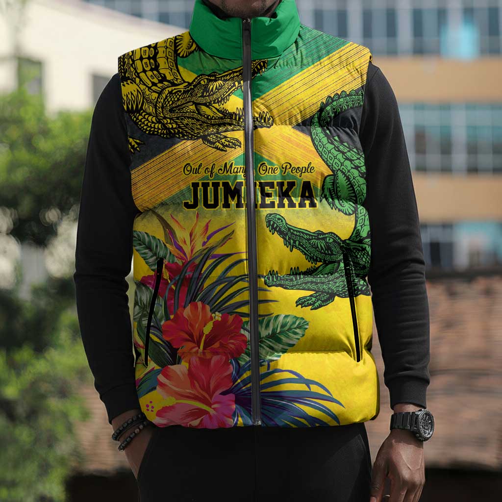 Personalized Black Jamaicans Crocodile Sleeveless Puffer Jacket Tropical Flowers Grunge Flag