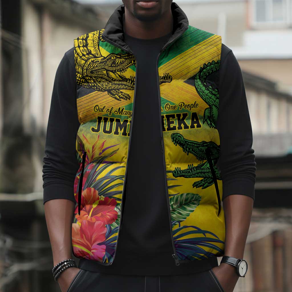 Personalized Black Jamaicans Crocodile Sleeveless Puffer Jacket Tropical Flowers Grunge Flag