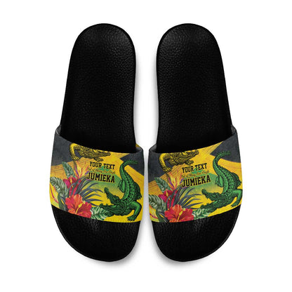 Personalized Black Jamaicans Crocodile Slide Sandals Tropical Flowers Grunge Flag