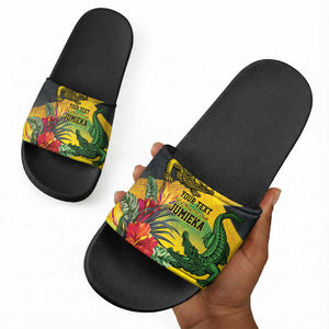 Personalized Black Jamaicans Crocodile Slide Sandals Tropical Flowers Grunge Flag