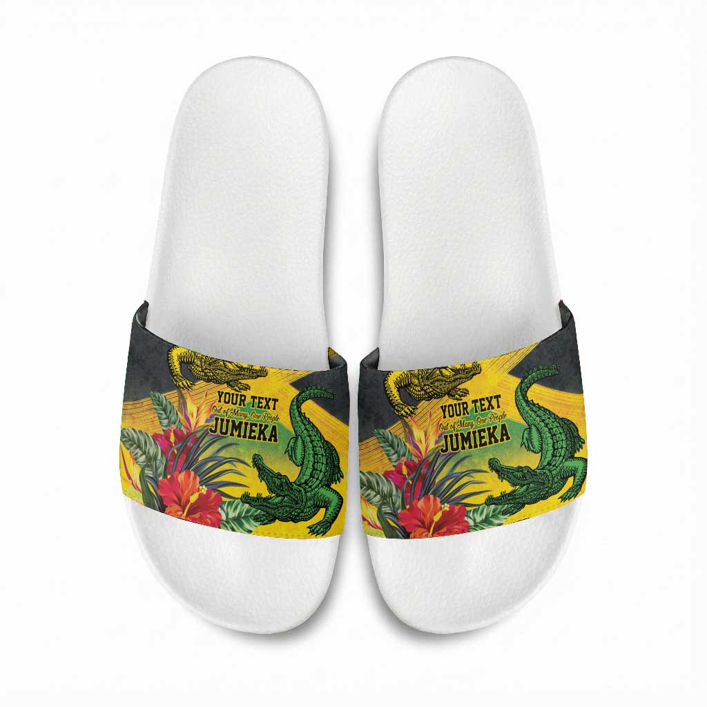 Personalized Black Jamaicans Crocodile Slide Sandals Tropical Flowers Grunge Flag