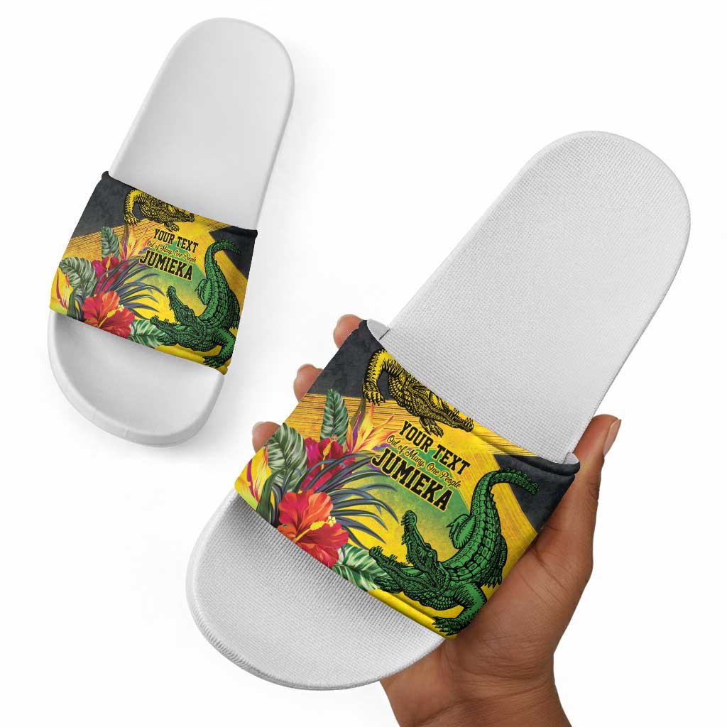 Personalized Black Jamaicans Crocodile Slide Sandals Tropical Flowers Grunge Flag
