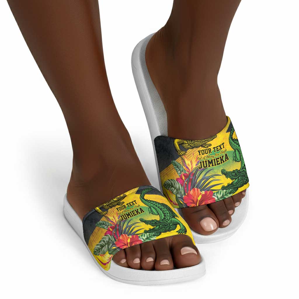 Personalized Black Jamaicans Crocodile Slide Sandals Tropical Flowers Grunge Flag