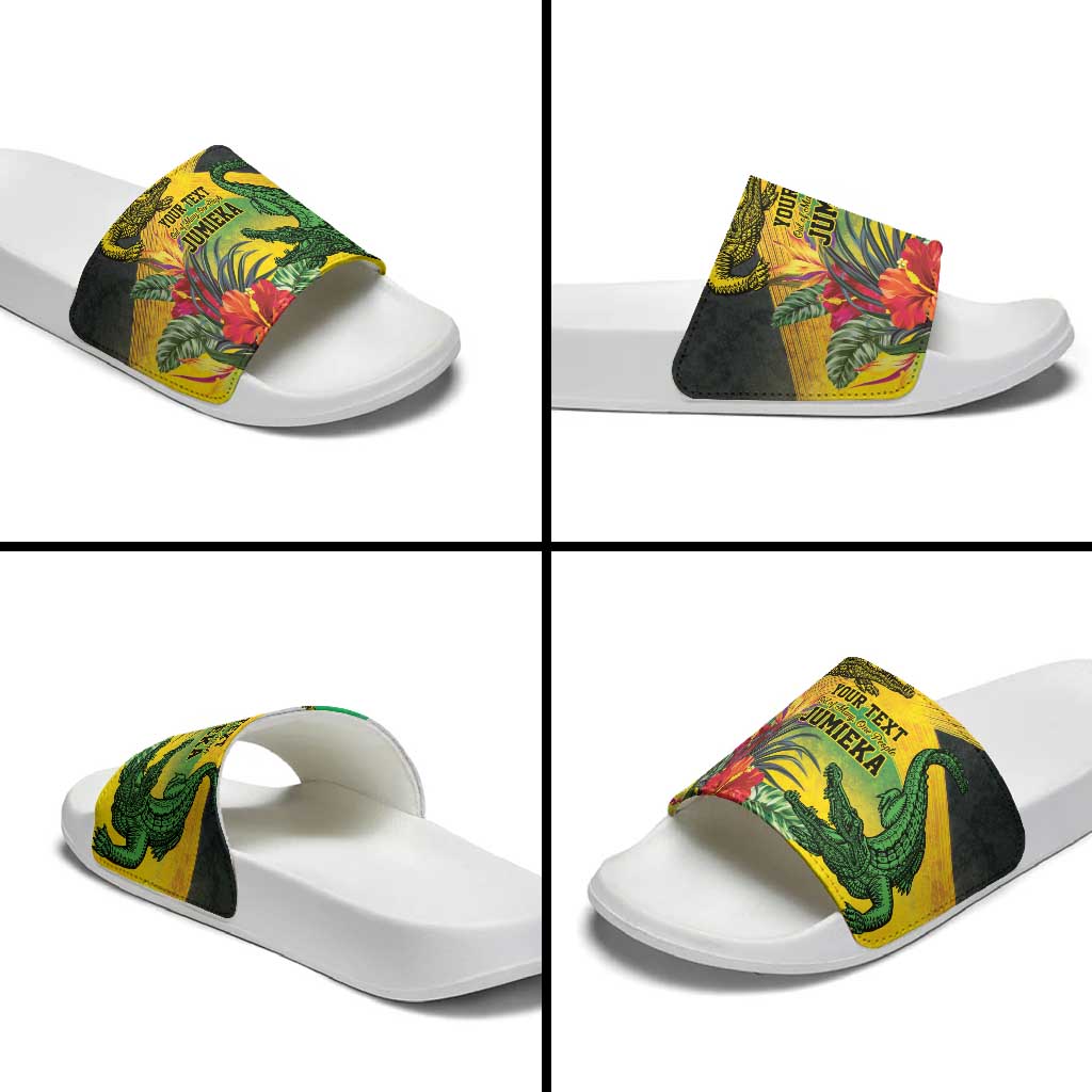 Personalized Black Jamaicans Crocodile Slide Sandals Tropical Flowers Grunge Flag
