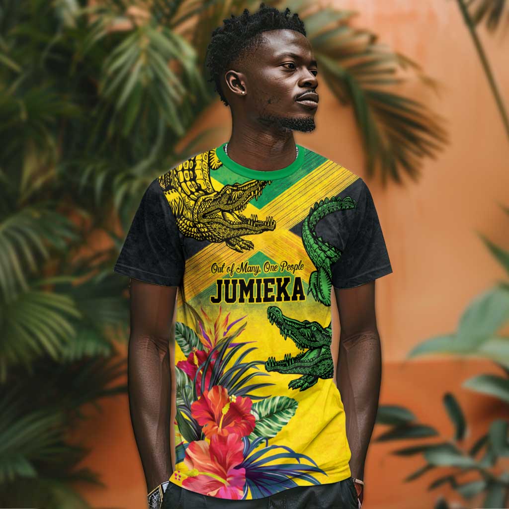 Personalized Black Jamaicans Crocodile T shirt Tropical Flowers Grunge Flag - African Pride