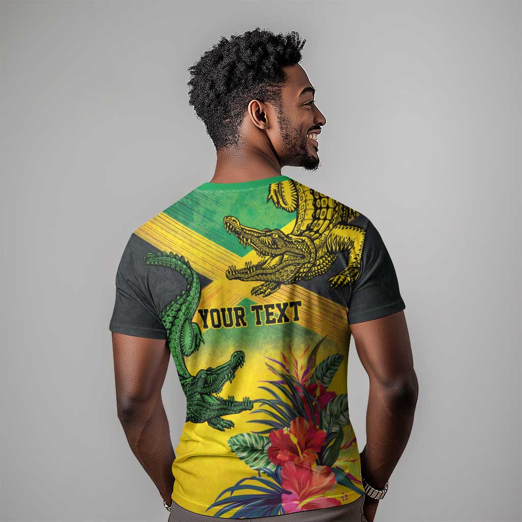 Personalized Black Jamaicans Crocodile T shirt Tropical Flowers Grunge Flag - African Pride