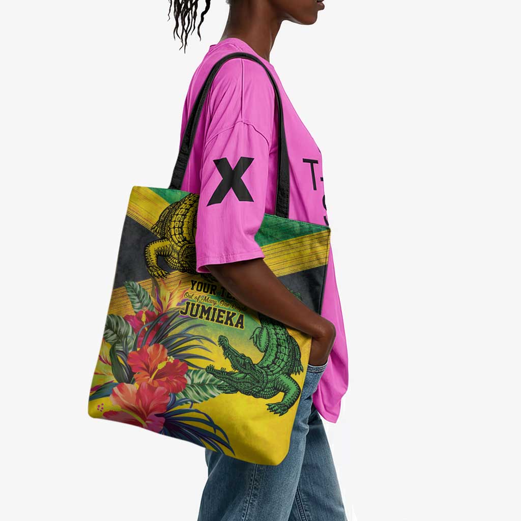 Personalized Black Jamaicans Crocodile Tote Bag Tropical Flowers Grunge Flag