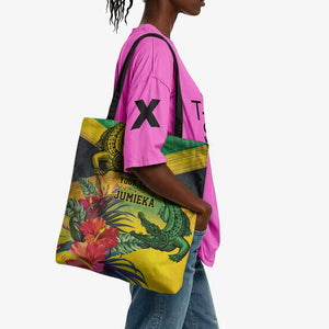 Personalized Black Jamaicans Crocodile Tote Bag Tropical Flowers Grunge Flag