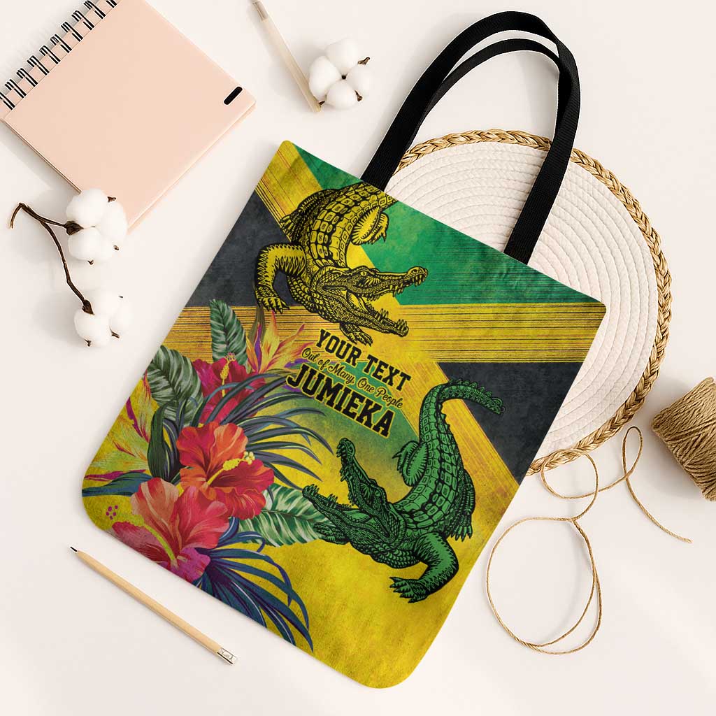 Personalized Black Jamaicans Crocodile Tote Bag Tropical Flowers Grunge Flag