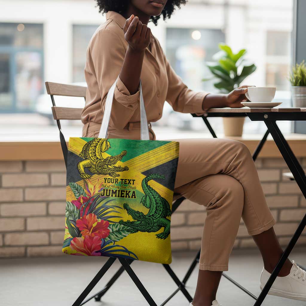 Personalized Black Jamaicans Crocodile Tote Bag Tropical Flowers Grunge Flag