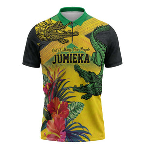 Personalized Black Jamaicans Crocodile Zipper Polo Shirt Tropical Flowers Grunge Flag