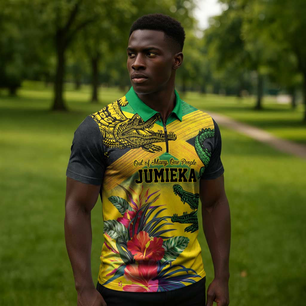 Personalized Black Jamaicans Crocodile Zipper Polo Shirt Tropical Flowers Grunge Flag