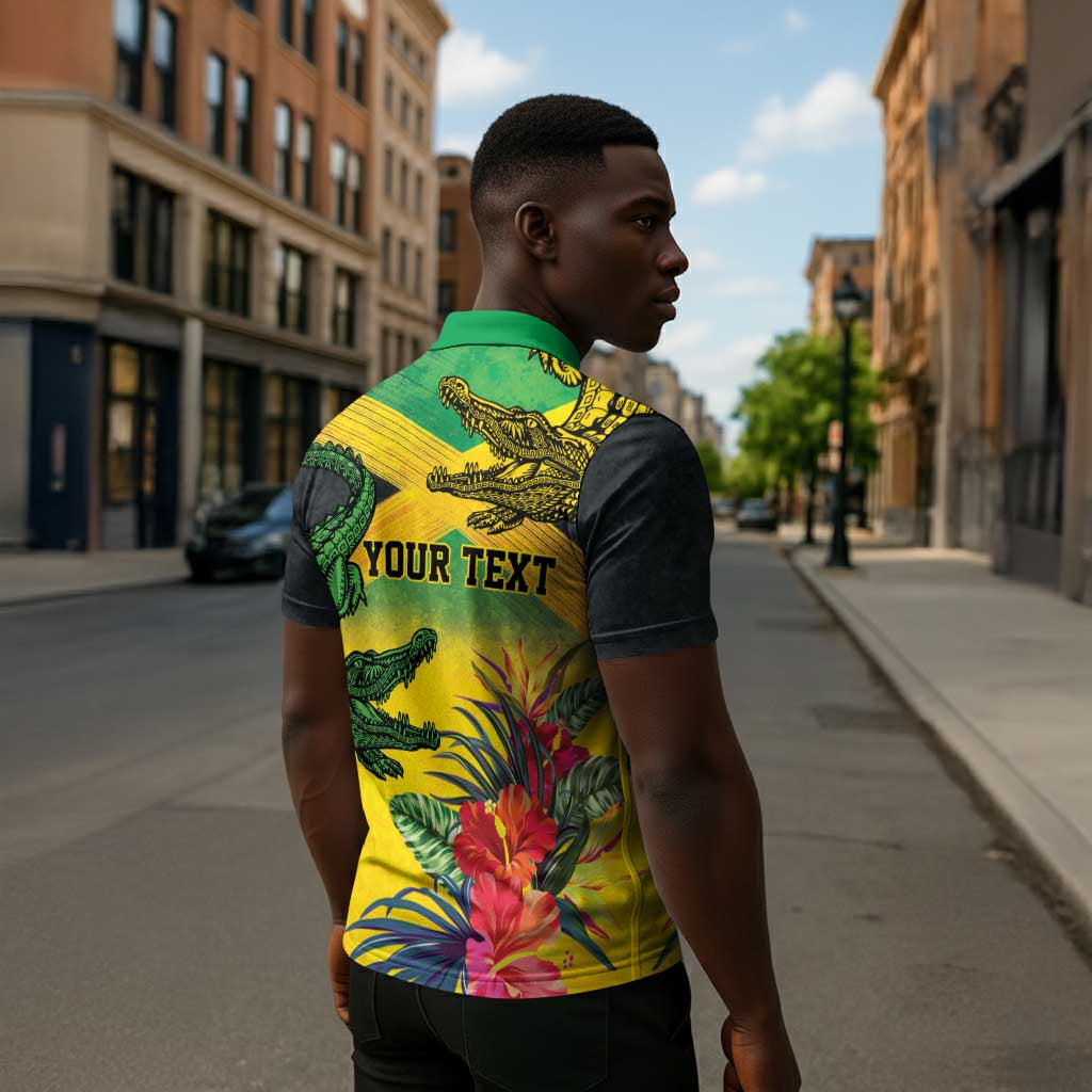 Personalized Black Jamaicans Crocodile Zipper Polo Shirt Tropical Flowers Grunge Flag