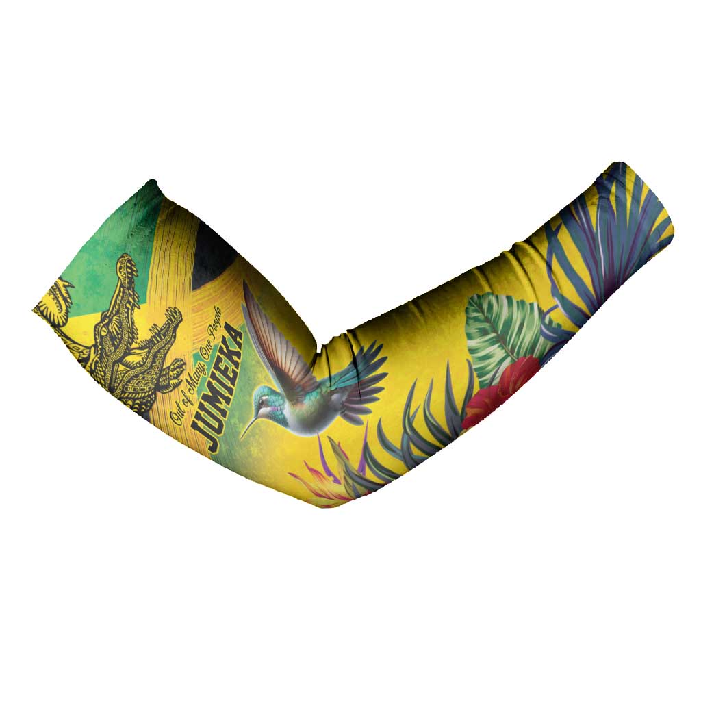 Personalized Black Jamaicans Crocodile Hummingbird Arm Sleeves Tropical Flowers Grunge Flag