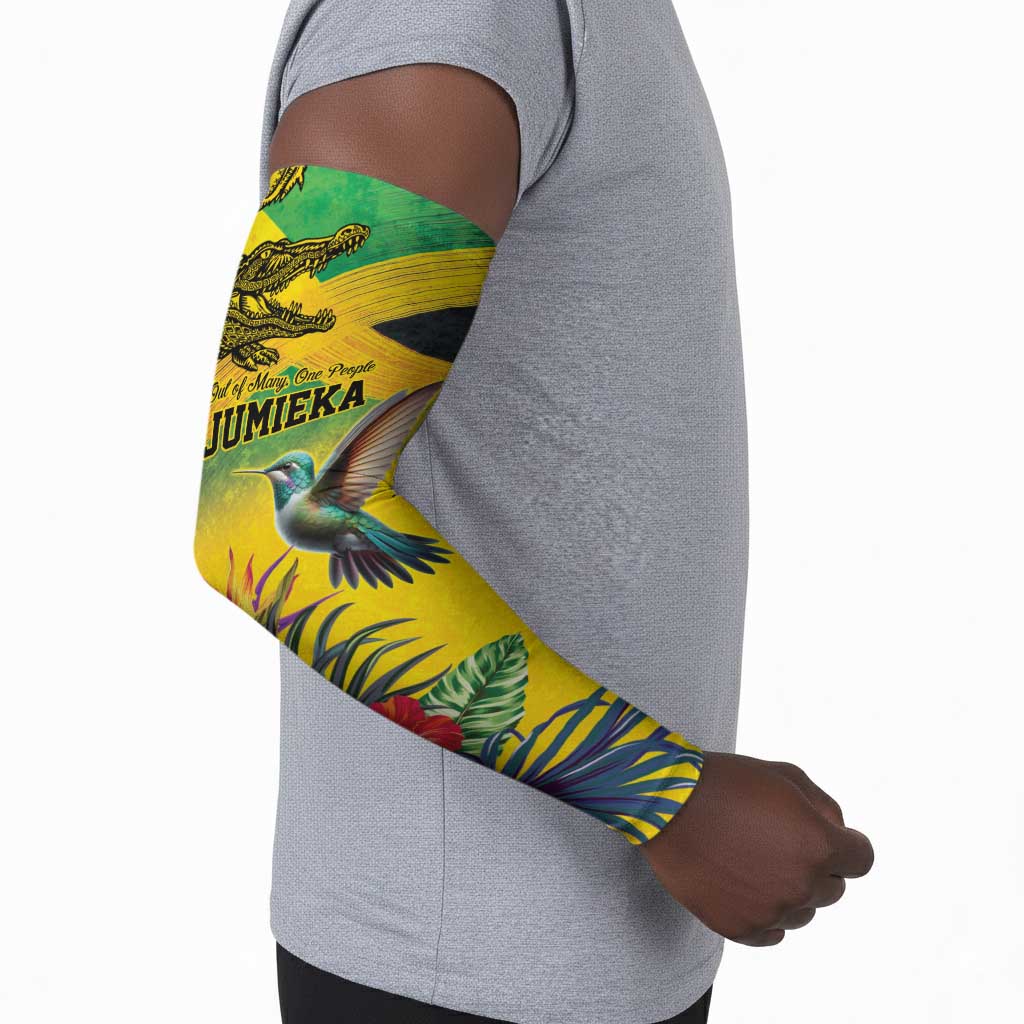 Personalized Black Jamaicans Crocodile Hummingbird Arm Sleeves Tropical Flowers Grunge Flag
