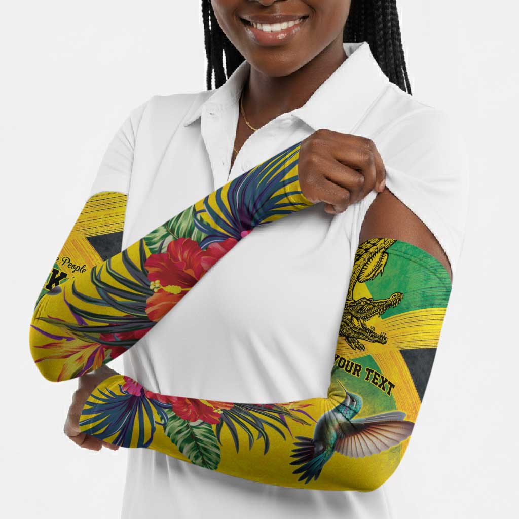 Personalized Black Jamaicans Crocodile Hummingbird Arm Sleeves Tropical Flowers Grunge Flag