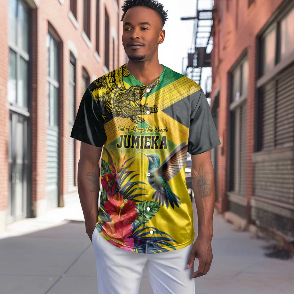 Personalized Black Jamaicans Crocodile Hummingbird Baseball Jersey Tropical Flowers Grunge Flag - African Pride