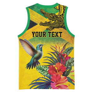 Personalized Black Jamaicans Crocodile Hummingbird Basketball Jersey Tropical Flowers Grunge Flag LT9