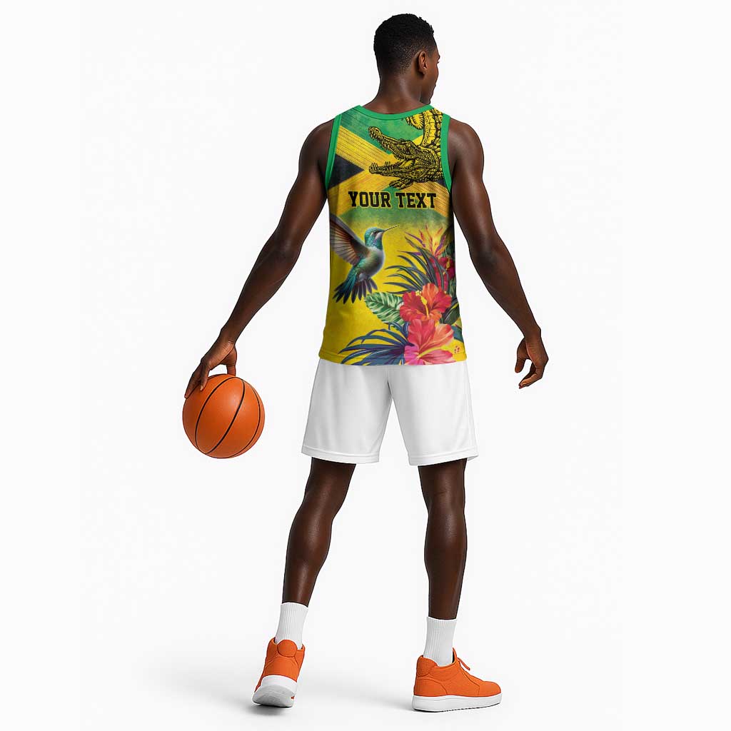Personalized Black Jamaicans Crocodile Hummingbird Basketball Jersey Tropical Flowers Grunge Flag LT9
