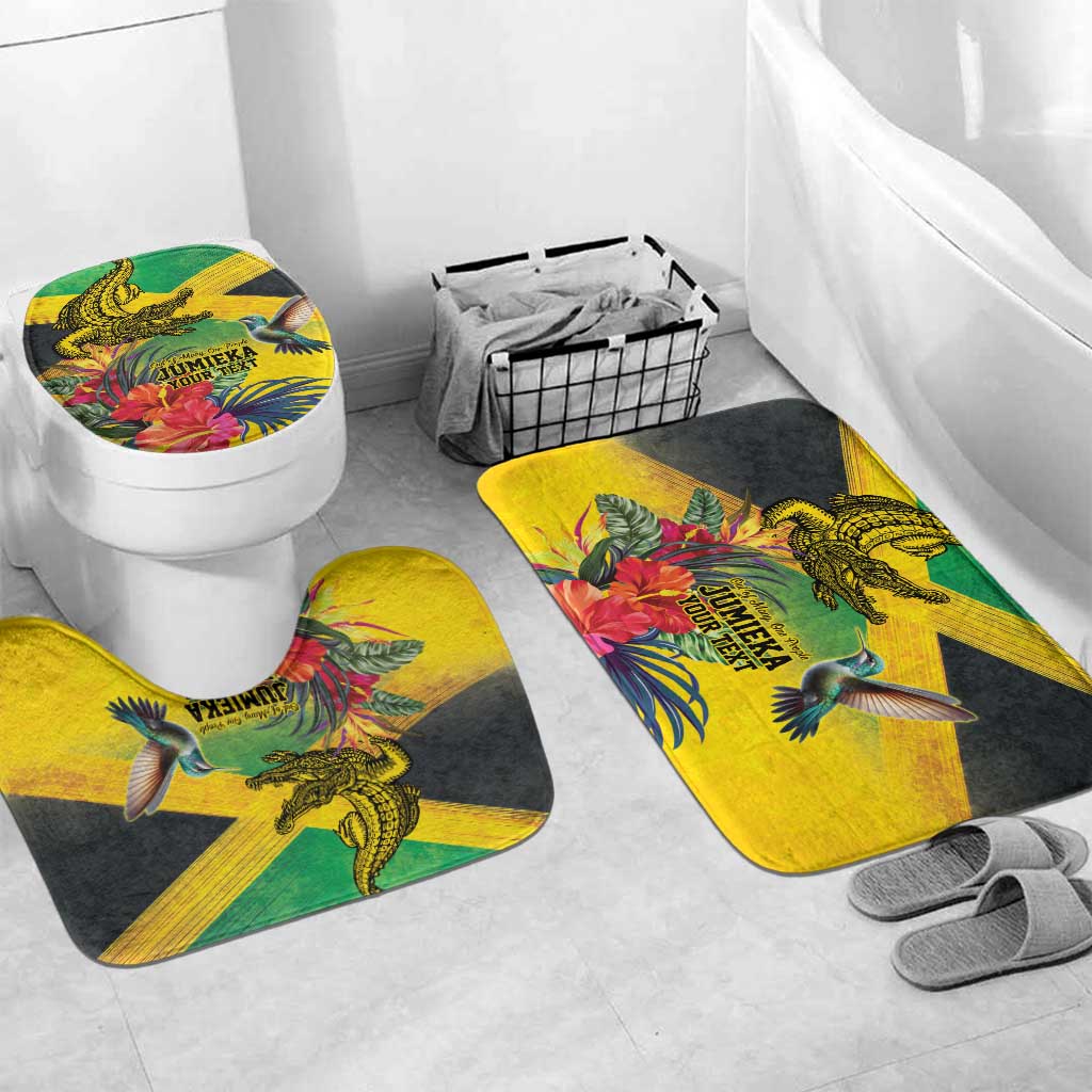 Personalized Black Jamaicans Crocodile Hummingbird Bathroom Set Tropical Flowers Grunge Flag