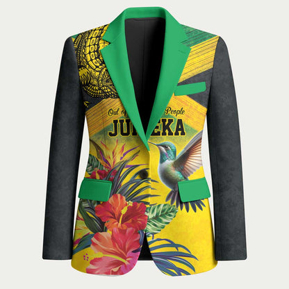 Personalized Black Jamaicans Crocodile Hummingbird Blazer Tropical Flowers Grunge Flag