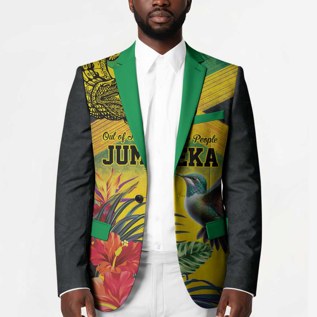 Personalized Black Jamaicans Crocodile Hummingbird Blazer Tropical Flowers Grunge Flag
