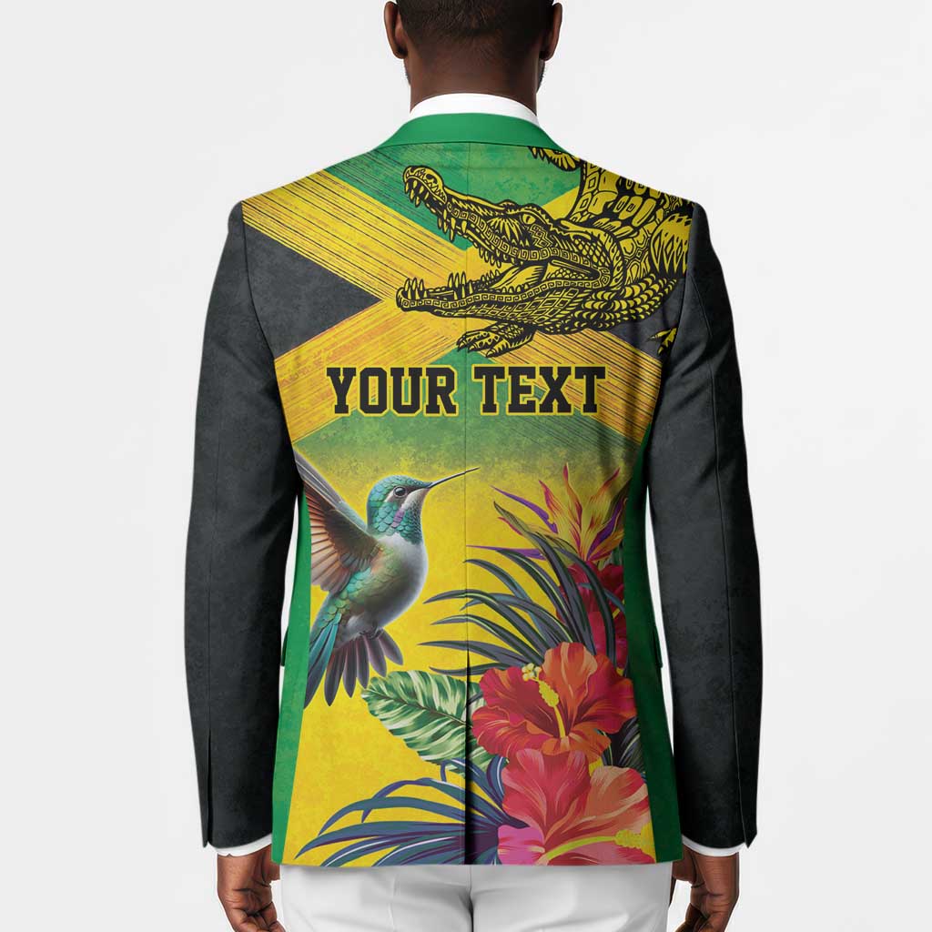 Personalized Black Jamaicans Crocodile Hummingbird Blazer Tropical Flowers Grunge Flag