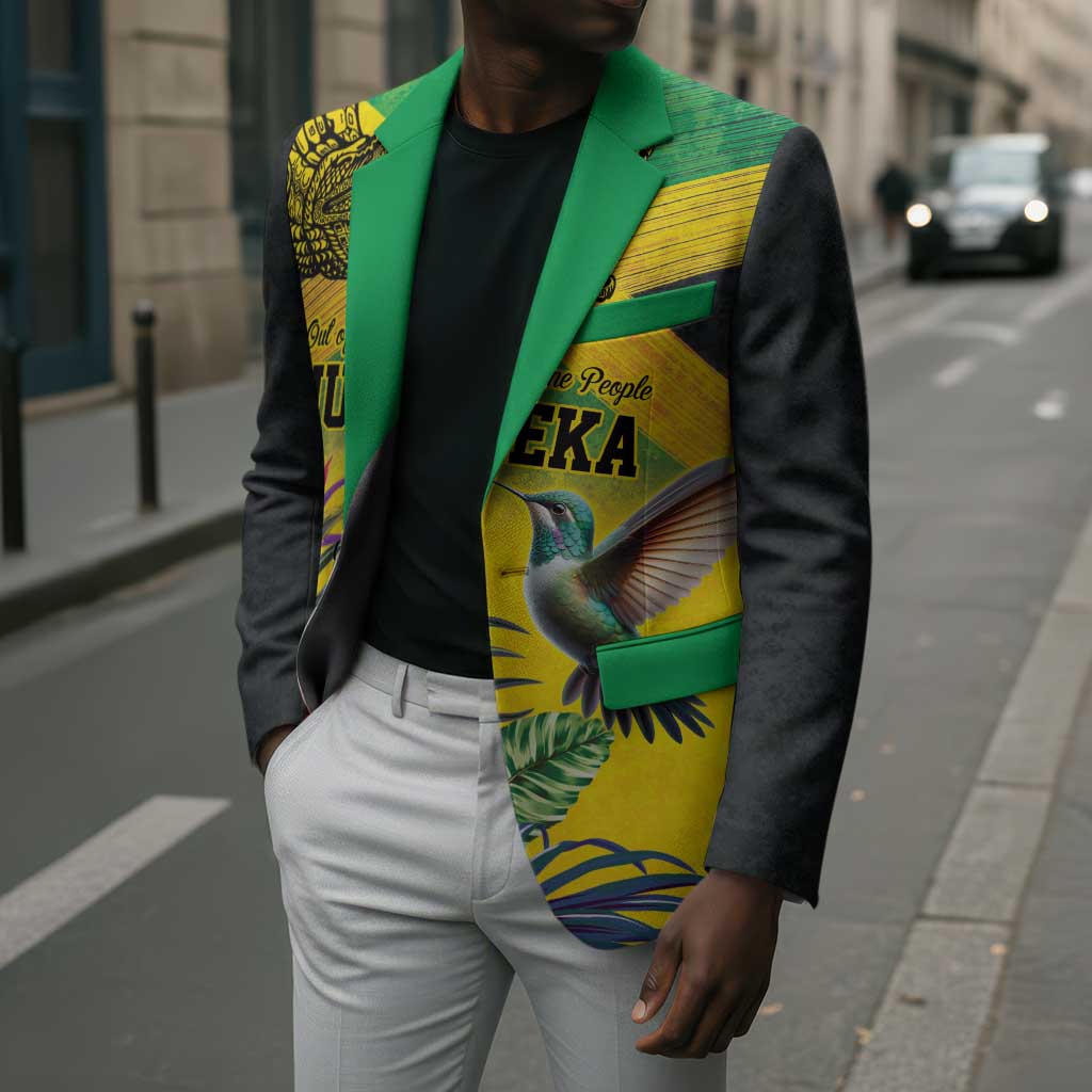 Personalized Black Jamaicans Crocodile Hummingbird Blazer Tropical Flowers Grunge Flag