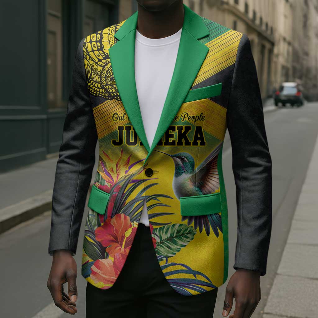 Personalized Black Jamaicans Crocodile Hummingbird Blazer Tropical Flowers Grunge Flag