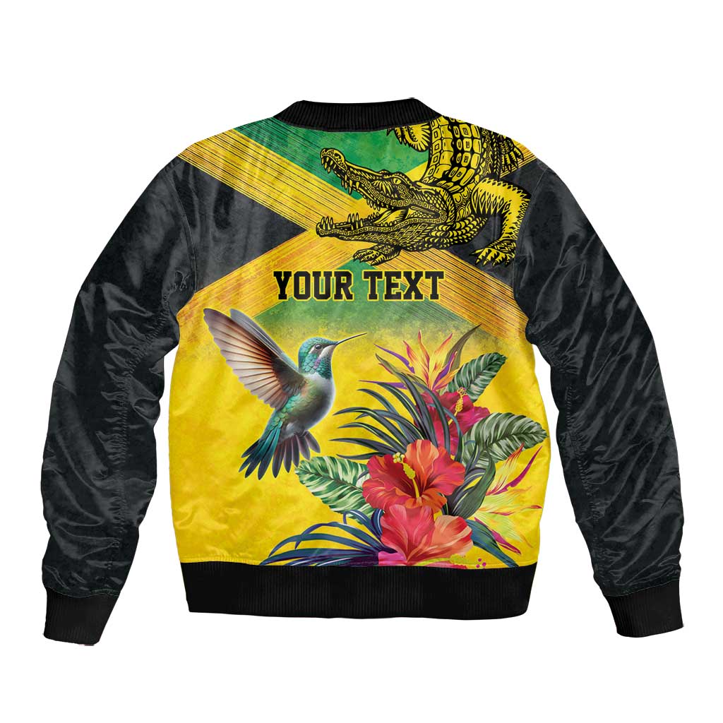 Personalized Black Jamaicans Crocodile Hummingbird Bomber Jacket Tropical Flowers Grunge Flag - African Pride