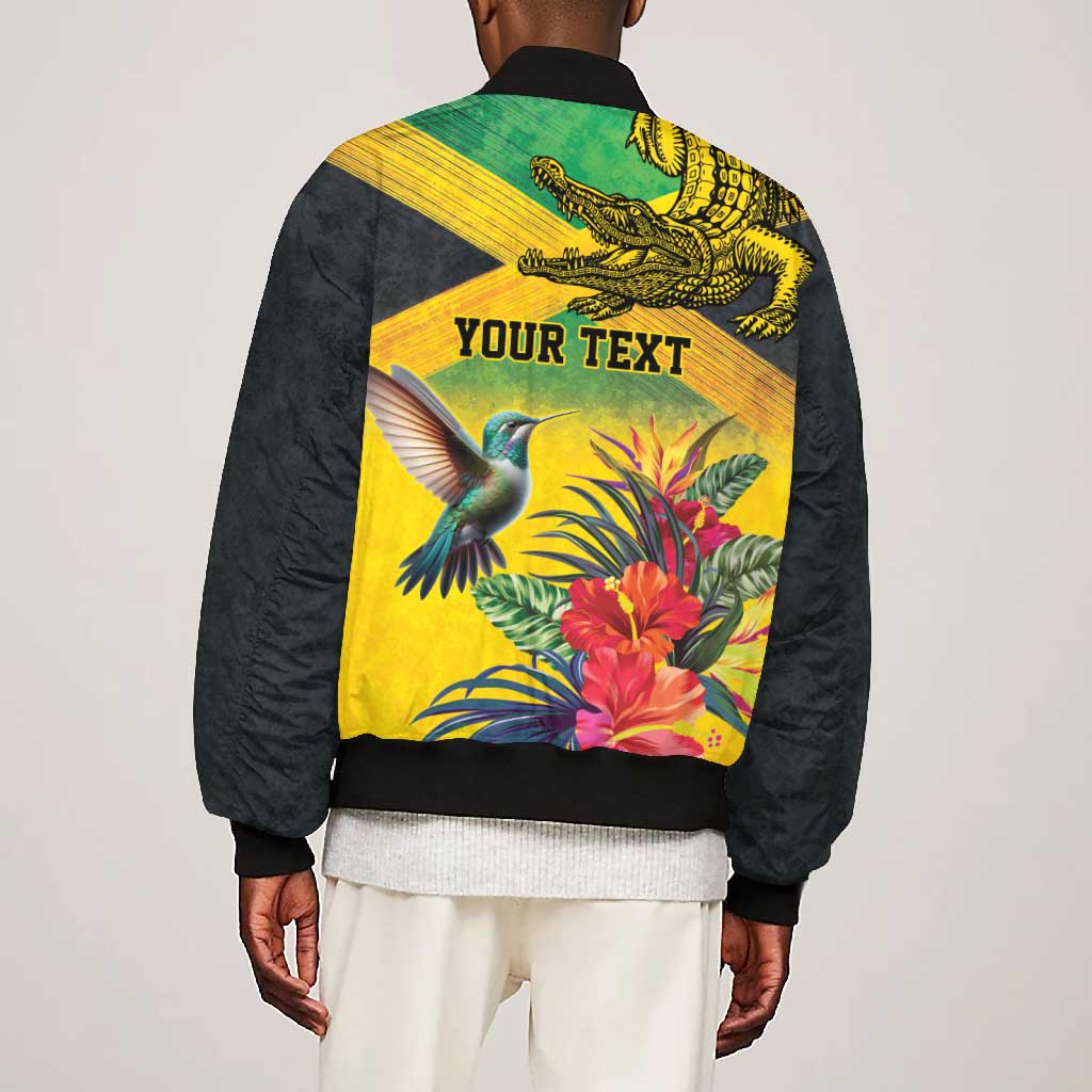 Personalized Black Jamaicans Crocodile Hummingbird Bomber Jacket Tropical Flowers Grunge Flag - African Pride