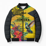 Personalized Black Jamaicans Crocodile Hummingbird Bomber Puffer Jacket Tropical Flowers Grunge Flag