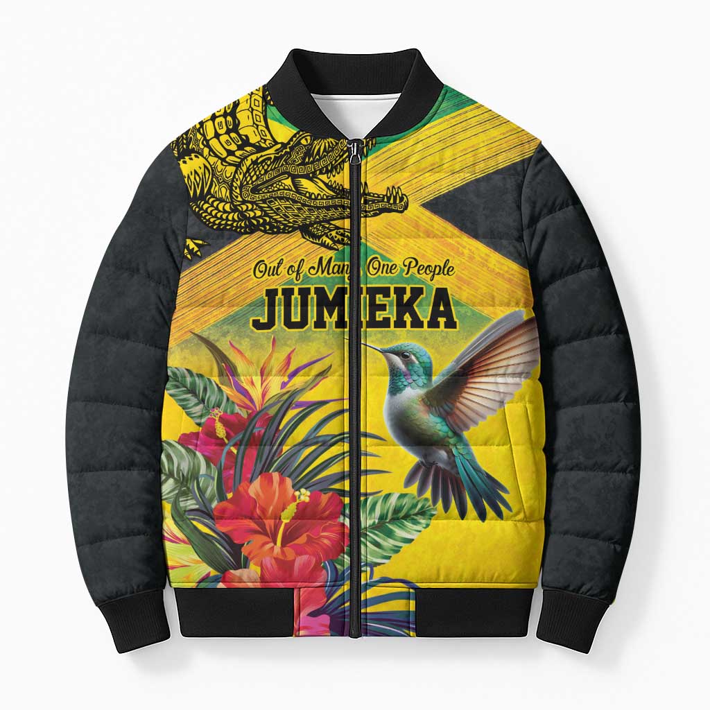 Personalized Black Jamaicans Crocodile Hummingbird Bomber Puffer Jacket Tropical Flowers Grunge Flag