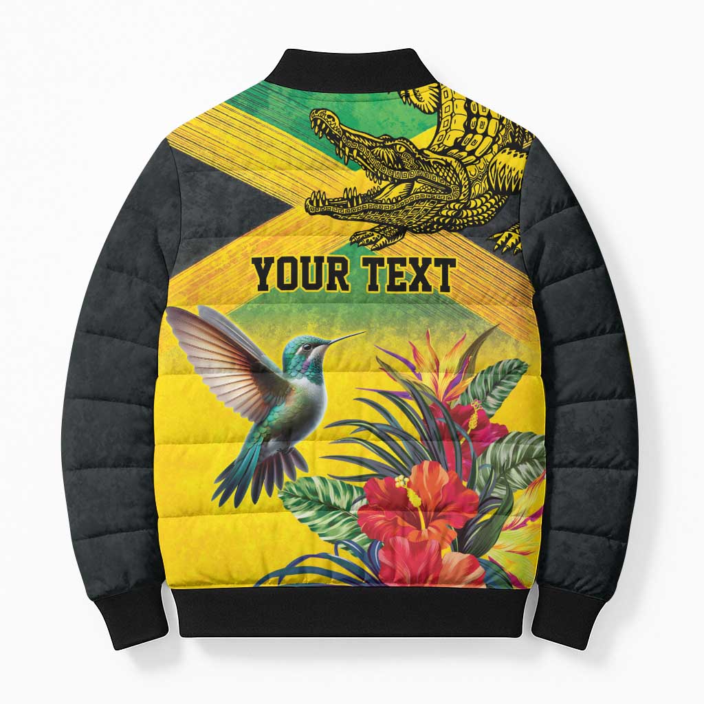 Personalized Black Jamaicans Crocodile Hummingbird Bomber Puffer Jacket Tropical Flowers Grunge Flag