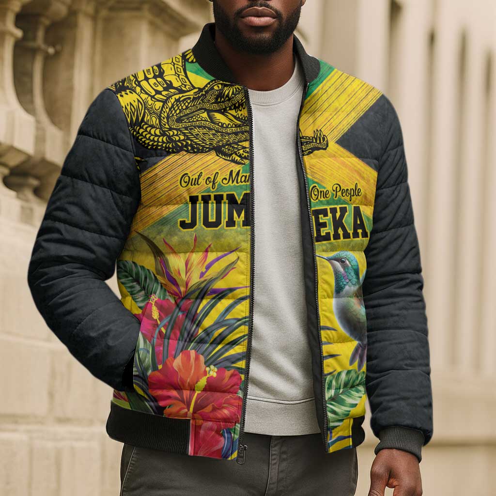 Personalized Black Jamaicans Crocodile Hummingbird Bomber Puffer Jacket Tropical Flowers Grunge Flag
