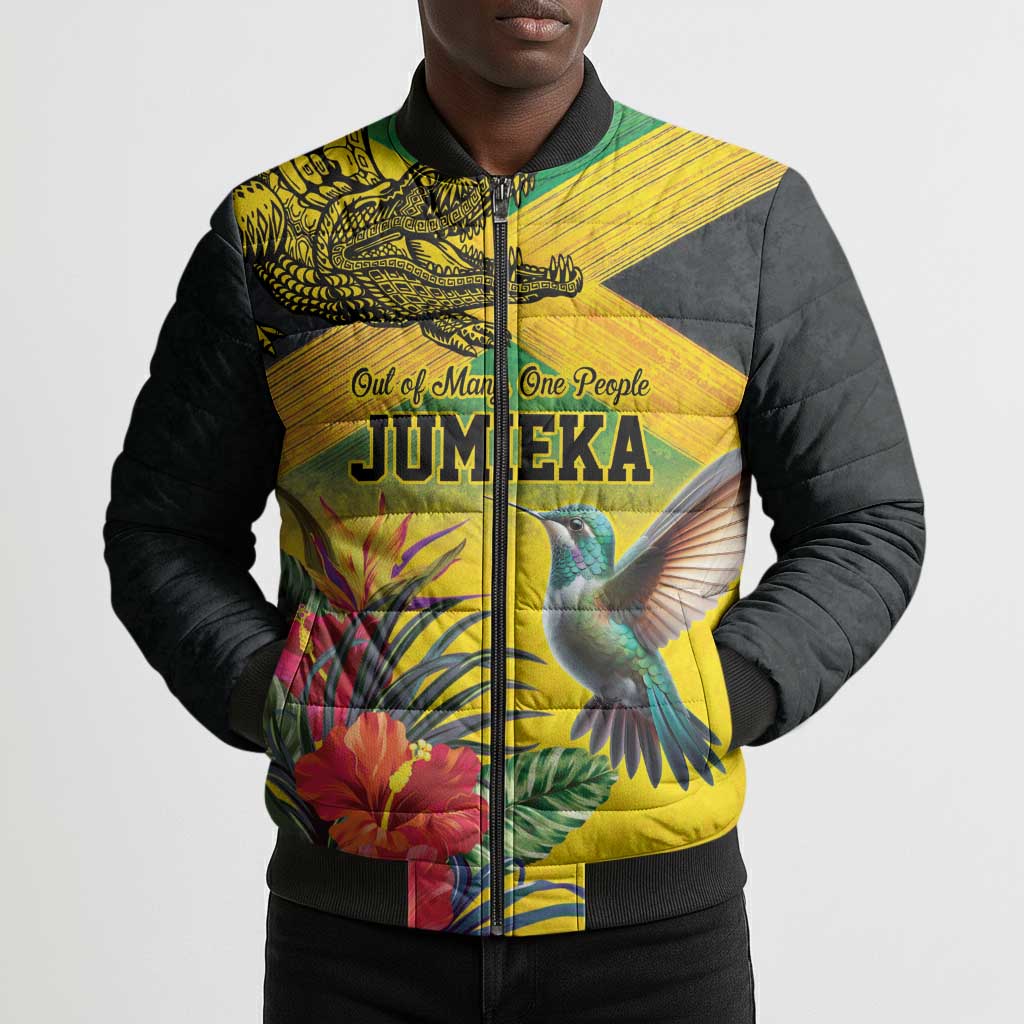Personalized Black Jamaicans Crocodile Hummingbird Bomber Puffer Jacket Tropical Flowers Grunge Flag