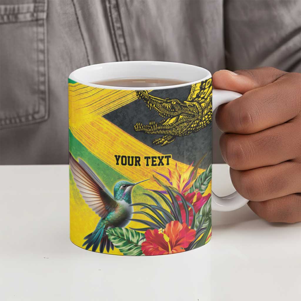 Personalized Black Jamaicans Crocodile Hummingbird Ceramic Mug Tropical Flowers Grunge Flag