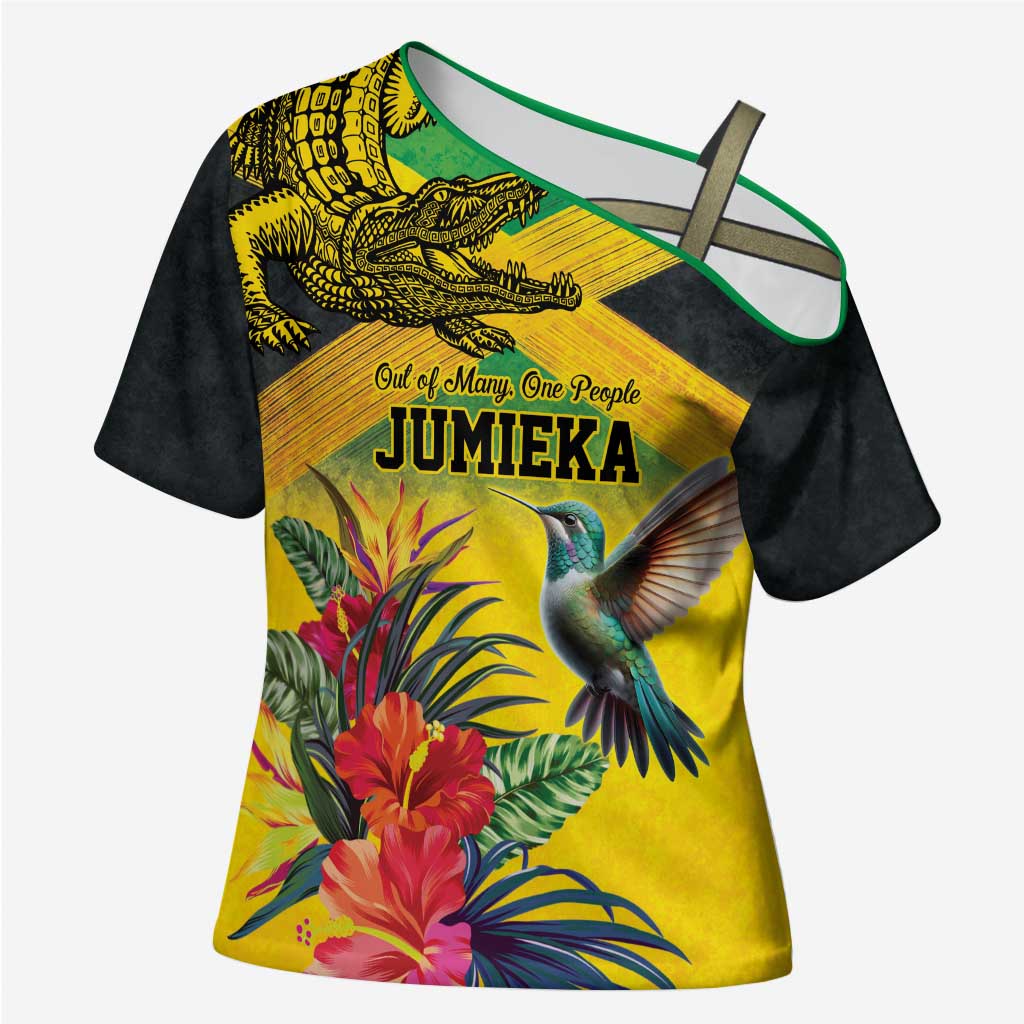 Personalized Black Jamaicans Crocodile Hummingbird Cross Shoulder Shirt Tropical Flowers Grunge Flag