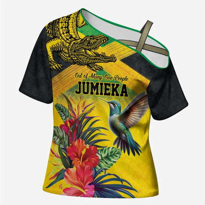 Personalized Black Jamaicans Crocodile Hummingbird Cross Shoulder Shirt Tropical Flowers Grunge Flag