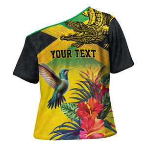 Personalized Black Jamaicans Crocodile Hummingbird Cross Shoulder Shirt Tropical Flowers Grunge Flag